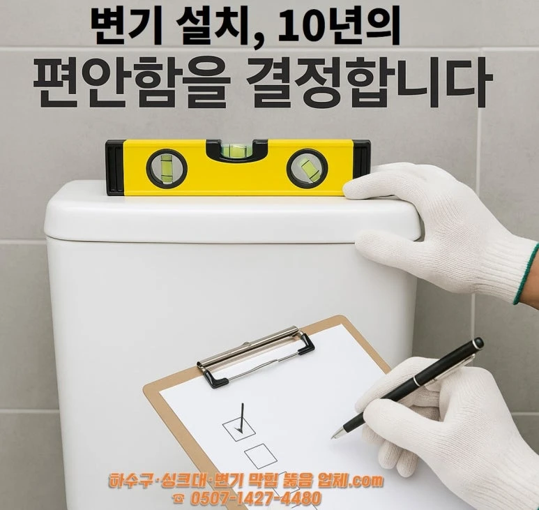 ‘변기 설치, 10년의 편안함을 결정합니다’라는 문구와 함께 수평계와 체크리스트로 든든설비의 꼼꼼한 시공 원칙을 보여주는 이미지
