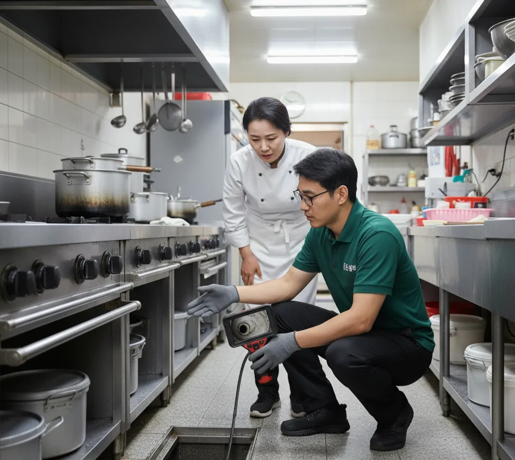 배관 내시경으로 식당 주방의 문제 원인을 정확히 진단하는 모습