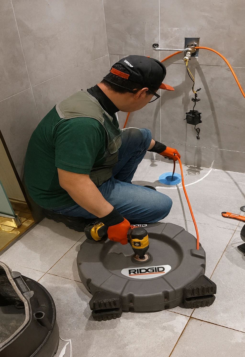군산 든든설비 전문가가 전문 장비인 리지드(RIDGID) 샤프트를 사용하여 욕실 하수구 막힘을 해결하는 시공 현장