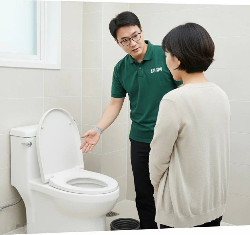 군산 든든설비 전문가가 고객님께 변기 문제의 원인을 꼼꼼하게 진단하고 설명하는 모습