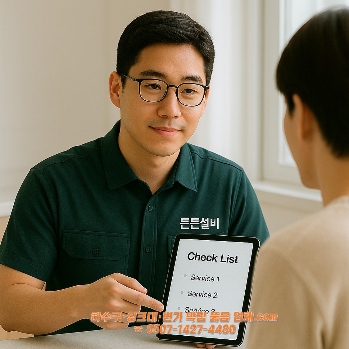 체크리스트로 작업 방식과 예상 비용을 투명하게 안내하는 상담 장면