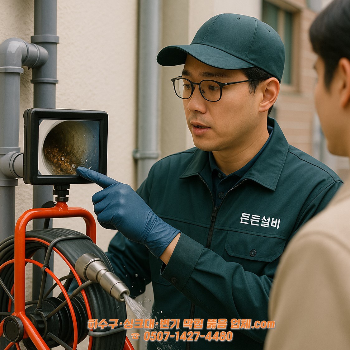 배관 내시경 모니터로 막힘 원인을 설명하는 든든설비 기사