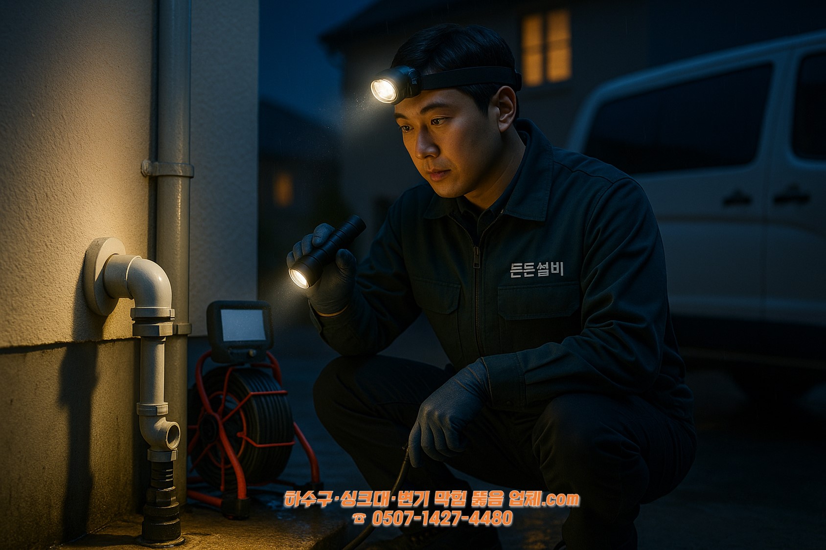 야간 긴급 상황에서 외부 배관을 점검하는 든든설비 기사
