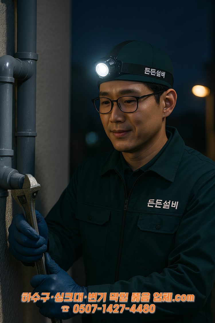 렌치로 외부 배관 연결부를 정밀 조정하는 든든설비 기사