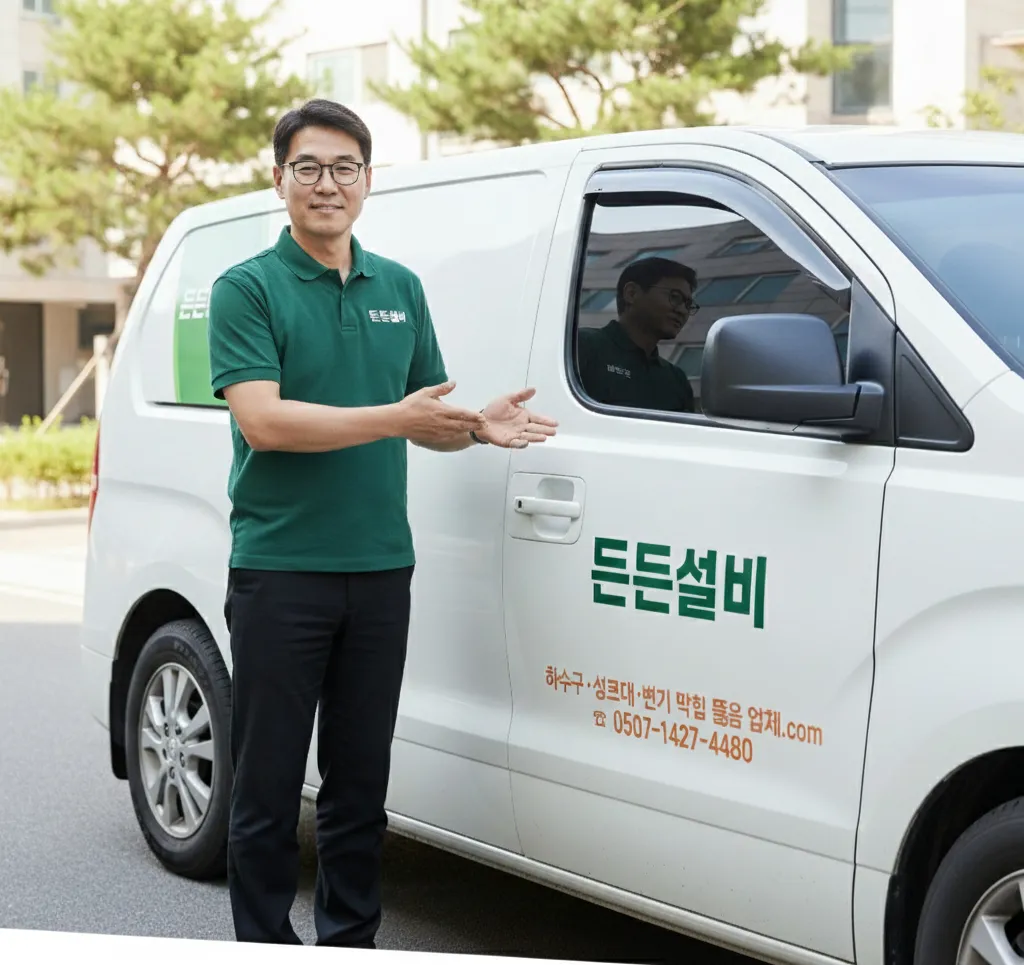 든든설비 대표가 트럭 앞에서 신뢰감 있게 안내하는 모습