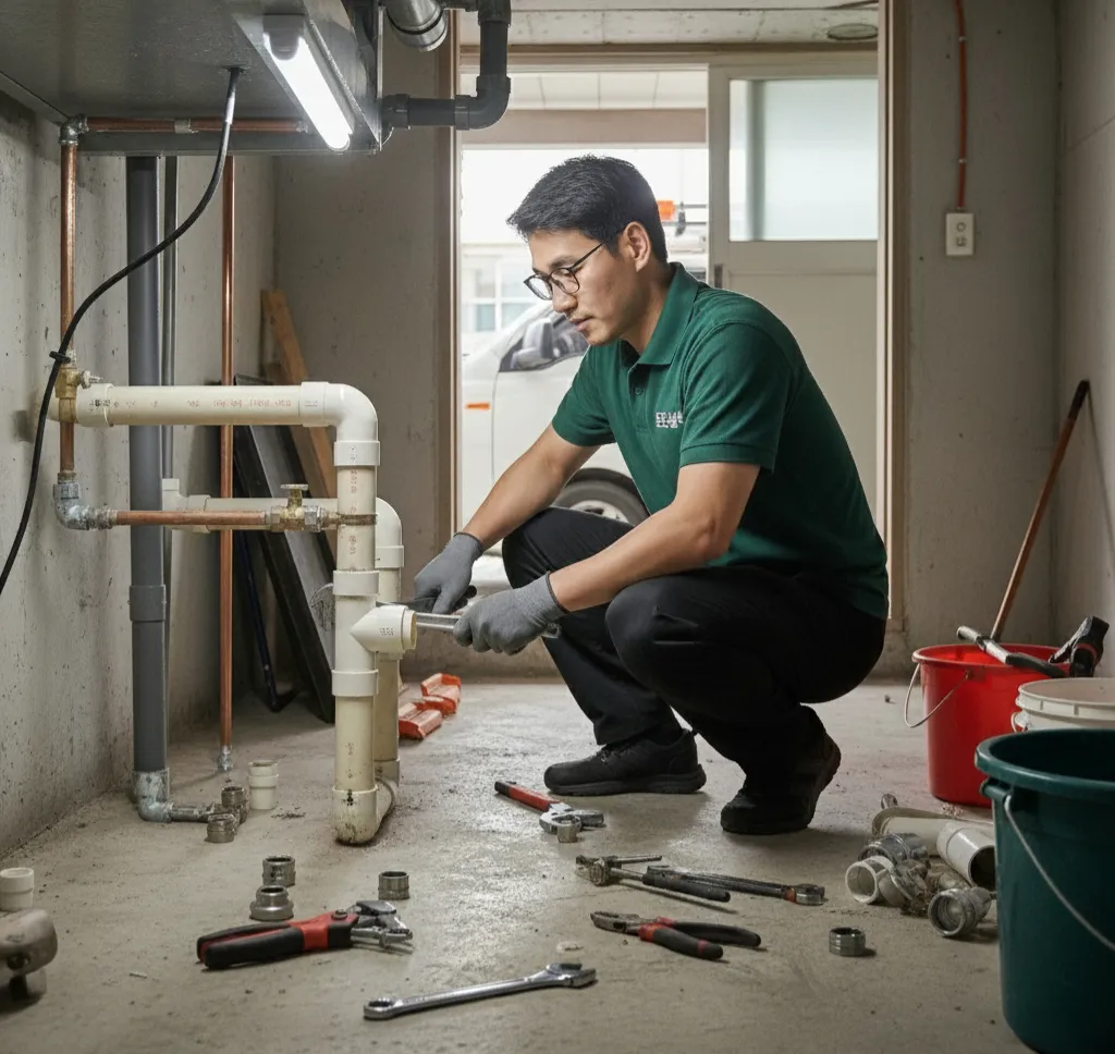 전문 공구를 사용하여 배관을 꼼꼼하게 시공하는 전문가